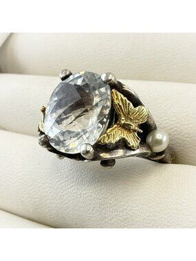 Ann King Ring Butterfly Pearl White Topaz Sterling Silver 18k Yellow Gold Size 7